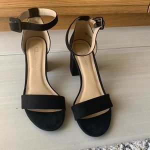 CL by Laundry, black ankle-strap block heels, size 6.5